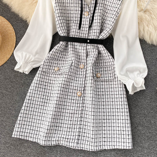 Vestido Houndstooth con Tirantes y Mangas Puff - Image 20