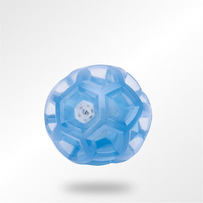 Translucent blue multi-faceted pet toy ball with an internal mechanism, measuring 6.4cm in diameter. - Image 8