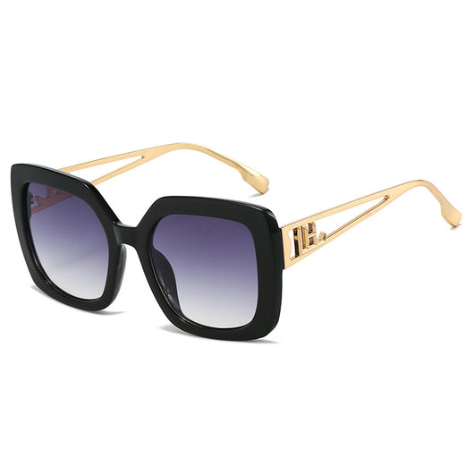 Women's square fashion sunglasses with red and green gradient tortoise shell frames and gradient purple-to-yellow lenses. - Image 3