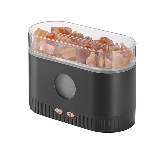Black desktop humidifier with clear top filled with pink Himalayan salt rocks and rose gold control buttons. - Image 17