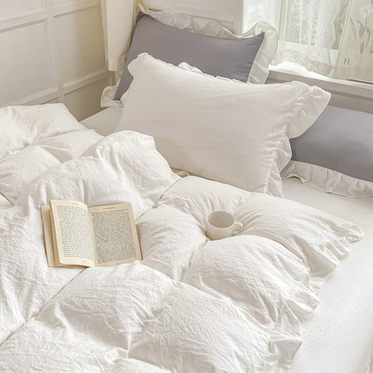 Juego de Cama Blanco de 4 Piezas Estilo Princesa, Algodón Lavado a la Piedra - Image 4