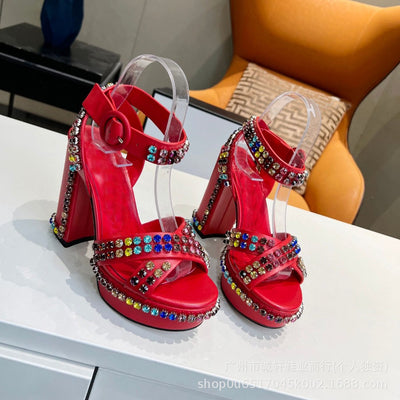 Sandalias Romanas de Tacón Grueso con Plataforma, Cuero Auténtico y Strass - Image 10