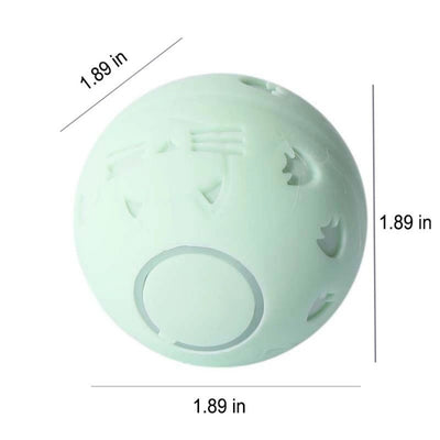 Light green spherical interactive cat toy with cut-out patterns and a central circular feature, measuring 1.89 inches. - Image 4