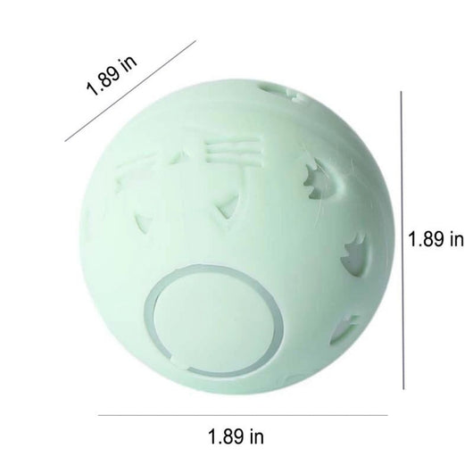 Light green spherical interactive cat toy with cut-out patterns and a central circular feature, measuring 1.89 inches. - Image 4