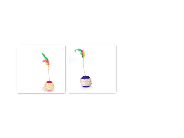 Two sisal shuttlecock cat toys with colorful feathers, one with a red base and the other with a blue base. - Image 4