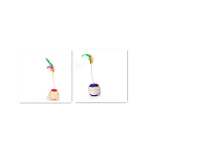 Two sisal shuttlecock cat toys with colorful feathers, one with a red base and the other with a blue base. - Image 4