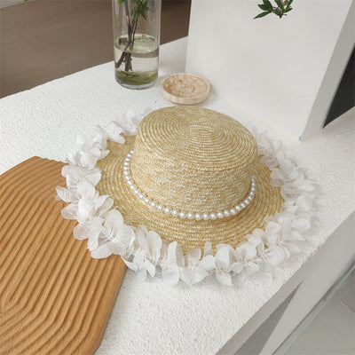Sombrero de Paja Plano con Encaje de Perlas para Mujer - Image 3