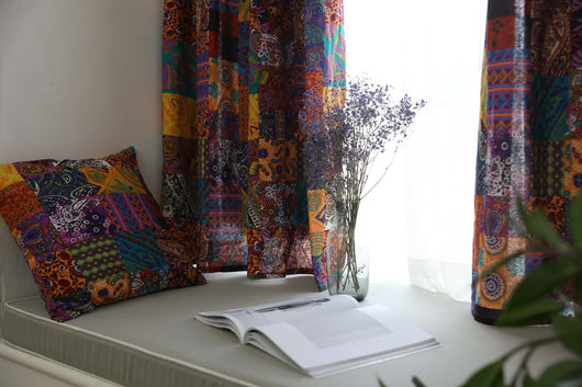 Bohemian retro style cotton linen curtains with a vibrant geometric patchwork pattern, one tied back with a rope. - Image 10