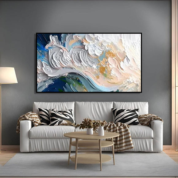 Cuadro Abstracto Paisaje Marino Óleo Sobre Lienzo Hecho a Mano Tonos Azul Verde y Blanco