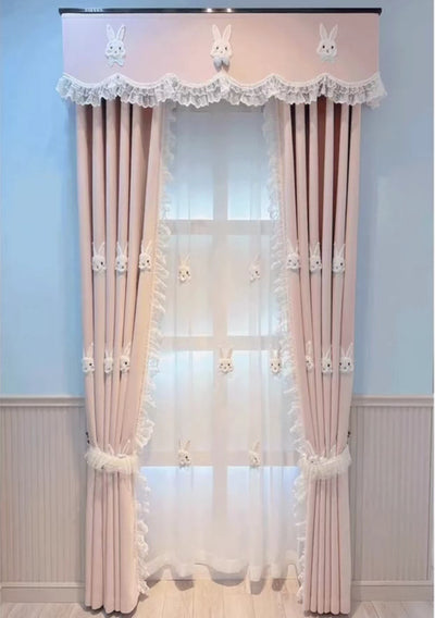 Pink curtains with white plush rabbit appliques, paired with a sheer white inner curtain also featuring rabbit designs. - Image 11