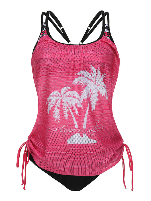 Olive green tankini top with white palm trees and 'live simple' text, paired with black swim bottoms on a beach. - Image 12