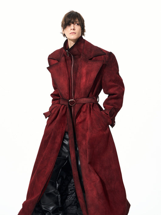 Abrigo Tipo Gabardina para Hombre en Rojo con Detalles en Ante Sintético y Acolchado - Image 11
