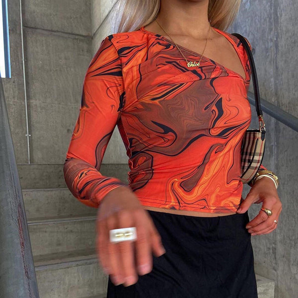 Blusa Ajustada con Hombro Descubierto y Estampado Moderno para Mujer
