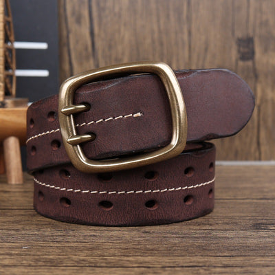 Cinturón de Cuero Premium con Hebilla Brass Retro y Costura Doble Aguja para Hombre - Image 7