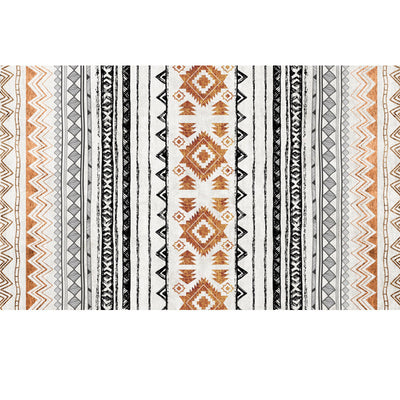 Rectangular area rug with white background and horizontal stripes of black, teal, and yellow tribal patterns. - Image 10