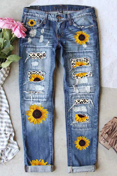 Jeans Rotos Estampados Cintura Media para Mujer