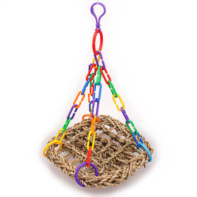 Colorful bird swing with a woven grass net and multi-colored plastic chains, designed for parrots and other birds. - Image 3