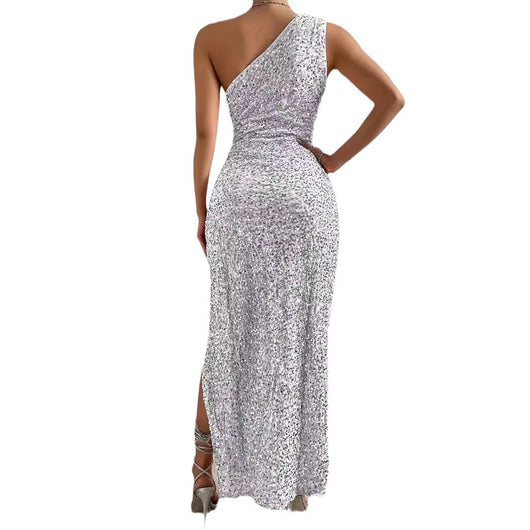 Vestido Elegante con Lentejuelas en Hombro y Abertura Frontal - Image 5