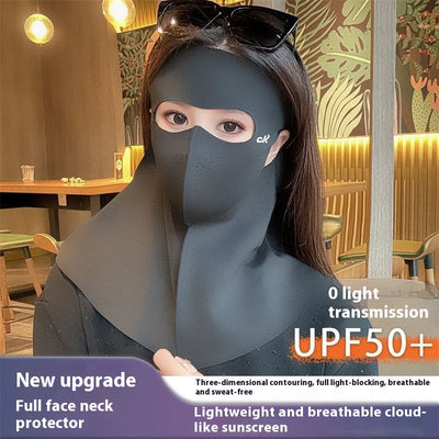Light gray ice silk full face sun protection mask with neck coverage and ear hooks, offering UPF 50+ UV protection. - Image 12