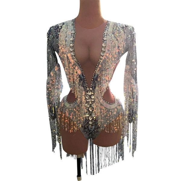 Traje de Presentación con Lentejuelas y Flecos Elástico para Cantantes