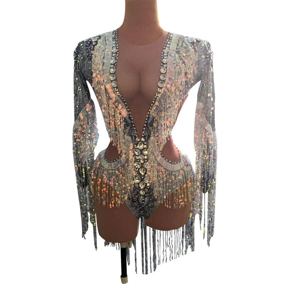 Traje de Presentación con Lentejuelas y Flecos Elástico para Cantantes