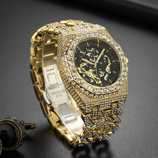 Reloj Automático Hip Hop con Cadena Cubana de Diamantes Completos y Eslabón Hueco - Image 9