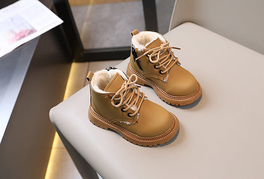Black children's fashion Martin boots with laces and a side zipper, featuring a thick rubber sole. - Image 39