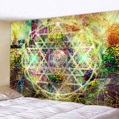 Vibrant multicolored tapestry with a geometric sacred geometry pattern, including Metatron's Cube and Flower of Life, above a bed. - Image 8