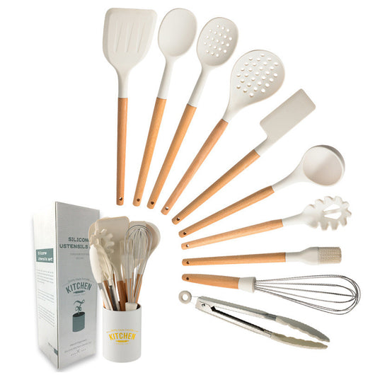 Set de Utensilios de Cocina en Silicona con Mango de Madera Crema