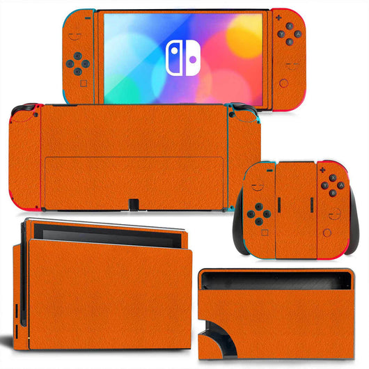 Yellow textured vinyl skin set for Nintendo Switch OLED console, Joy-Cons, and dock, shown disassembled. - Image 14