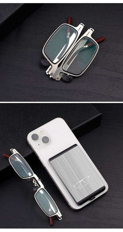 Foldable blue light blocking glasses with silver frames in a black case, shown on a smartphone. - Image 8