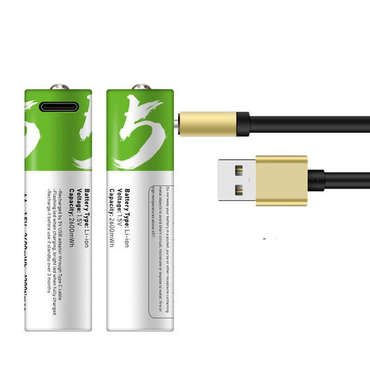 Two green AA 1.5V rechargeable batteries with Type-C ports and a white USB-C charging cable in green retail packaging. - Image 4