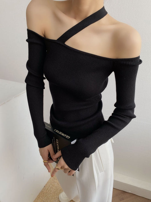 Suéter Tejido de Diseño Francés Elegante Hombros Descubiertos - Image 8