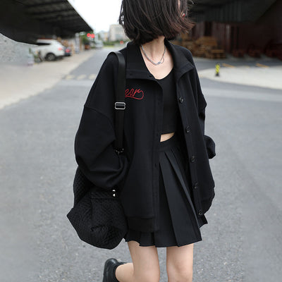 Chaqueta Casual Suelta con Cuello Alto y Letras Bordadas
