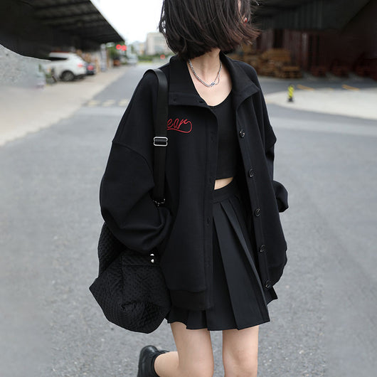 Chaqueta Casual Suelta con Cuello Alto y Letras Bordadas