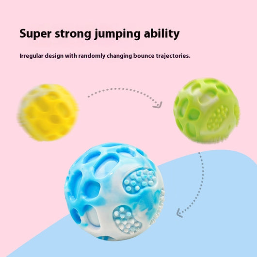 Blue and white marbled rubber dog toy ball with textured nubs and hollows, approximately 6cm in diameter. - Image 4