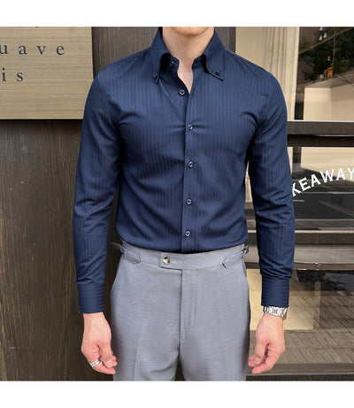 Camisa de Vestir Manga Larga a Rayas para Hombre con Cuello Italiano - Image 26