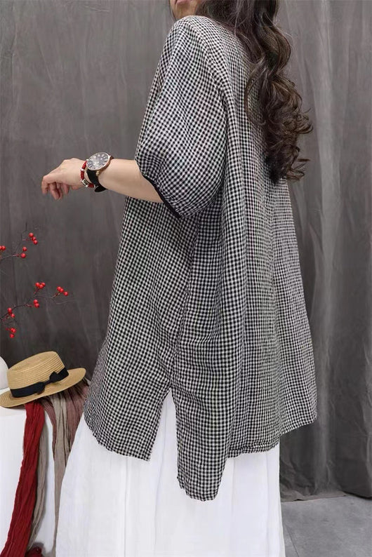 Camisa Cuadros Oversize Artística de Manga Tres Cuartos Estilo Vintage - Image 8