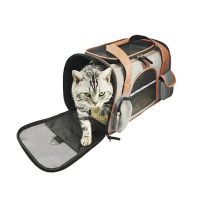 Light grey pet carrier with brown faux leather trim, mesh windows, top handles, and an adjustable shoulder strap. - Image 4