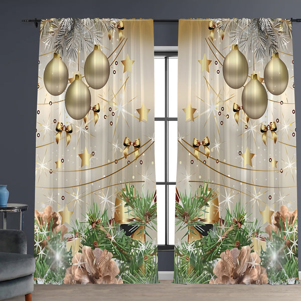 Christmas curtain with a snowy village scene, Santa Claus, flying reindeer, and piles of wrapped gifts.