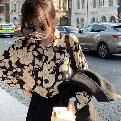 Blusa Retro Estampado Leopardo Chiffon Floral Manga Larga Suelta Mujer