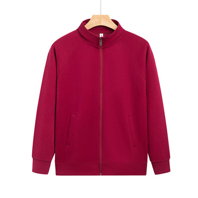 Purple full-zip jacket with a stand-up collar, raglan sleeves, and front pockets, displayed on a hanger. - Image 6