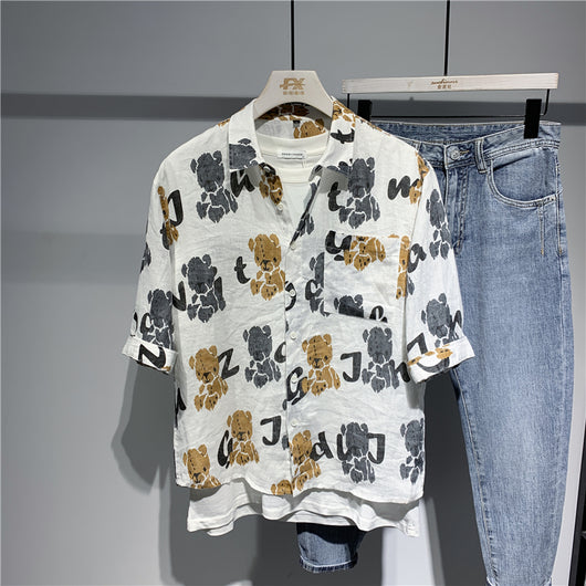 Camisa Lino Hombre Manga Corta Estampado Oso Retro Japonés Diseño Oversized - Image 7