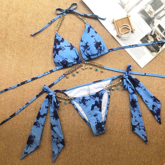 Turquoise triangle bikini with gold-toned rhinestone chain halter straps and matching charm-embellished waistline. - Image 12