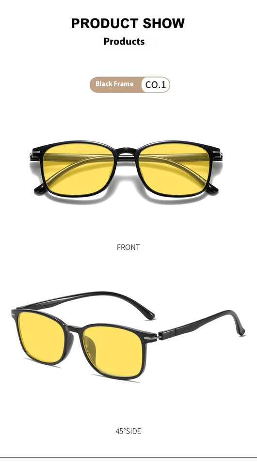 Purple frame glasses with yellow night vision lenses, featuring a subtle glitter effect on the temples. - Image 17
