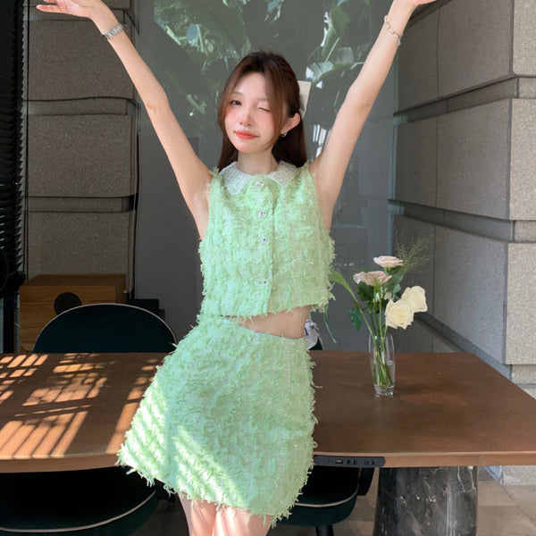 Conjunto Elegante Verde: Blusa y Falda Cintura Alta para Mujer