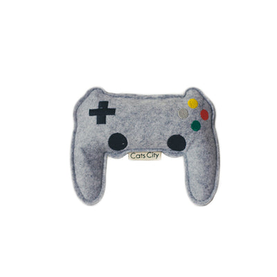Light blue felt catnip toy shaped like a game controller with piano keys and a black string for hanging. - Image 6
