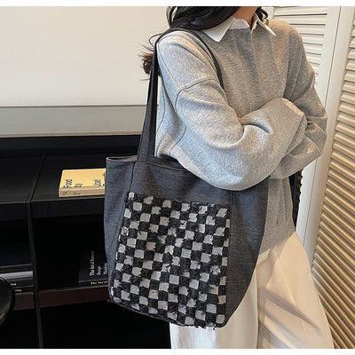 Bolsa Tote de Mezclilla Lavada con Patrón Escocés y Gran Capacidad - Image 32