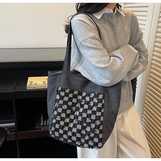 Bolsa Tote de Mezclilla Lavada con Patrón Escocés y Gran Capacidad - Image 32