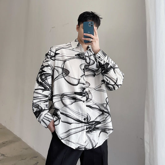 Camisa Hombre Estilo Tendencia con Estampado de Tinta en Algodón y Lino